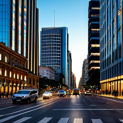 Home 14 **
"Argentinian financial district at dusk. A mix of modern glass buildings and historical architecture. Busy streets with people in professional attire, fully clothed, appropriate content, safe for work. Subtle hints of the Argentine flag. Golden hour lighting, perfect anatomy, natural proportions, professional photography."
**