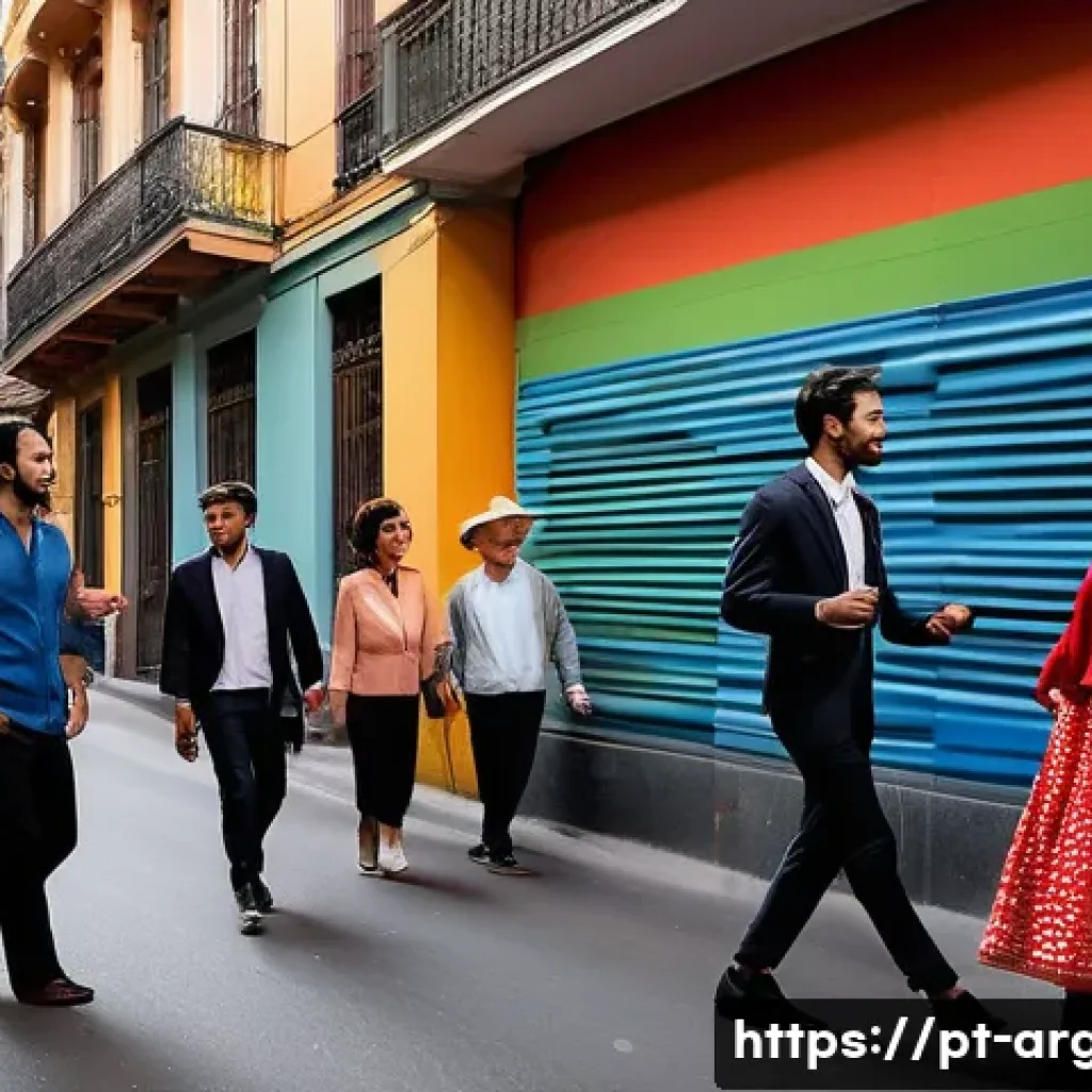 아르헨티나 스페인어와 스페인 스페인어 차이 - A vibrant street scene in Buenos Aires showing a diverse group of people engaging in lively conversa...