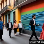 아르헨티나 스페인어와 스페인 스페인어 차이 - A vibrant street scene in Buenos Aires showing a diverse group of people engaging in lively conversa...