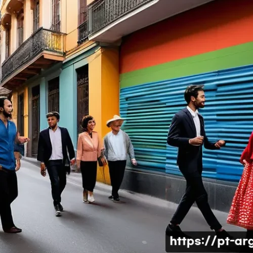 아르헨티나 스페인어와 스페인 스페인어 차이 - A vibrant street scene in Buenos Aires showing a diverse group of people engaging in lively conversa...