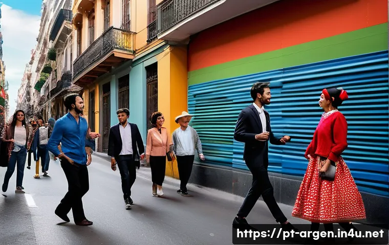 아르헨티나 스페인어와 스페인 스페인어 차이 - A vibrant street scene in Buenos Aires showing a diverse group of people engaging in lively conversa...