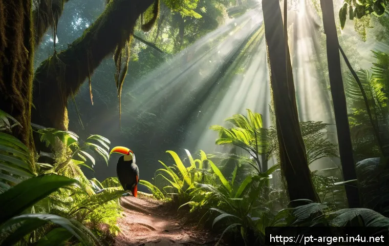 아르헨티나에서 야생 동물 보호 구역 탐방 - A vibrant scene in the Iguazú National Park, showcasing a dense tropical rainforest with towering tr...