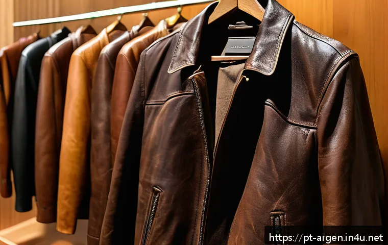 아르헨티나 가죽 제품 쇼핑 가이드 - A close-up image of an authentic Argentine leather jacket displayed in a boutique in Buenos Aires, s...