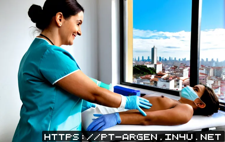 아르헨티나에서 예방 접종 필요한 질병 - Photorealistic travel health clinic in Argentina, friendly Brazilian adult traveler receiving a vacc...